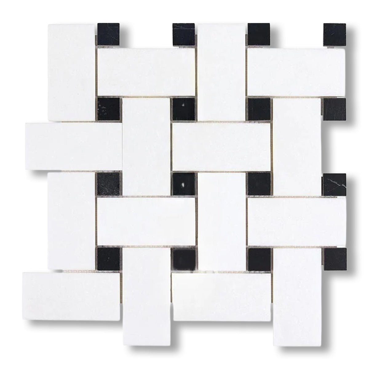 Thassos White Marble Honed Large Basketweave Mosaic Tile w/ Black Dots - American Tile Depot