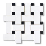 Thassos White Marble Polished Large Basketweave Mosaic Tile w/ Black Dots - American Tile Depot