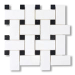 Thassos White Marble Honed Large Basketweave Mosaic Tile w/ Black Dots - American Tile Depot