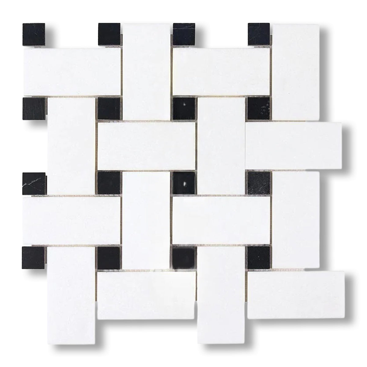 Thassos White Marble Polished Large Basketweave Mosaic Tile w/ Black Dots - American Tile Depot