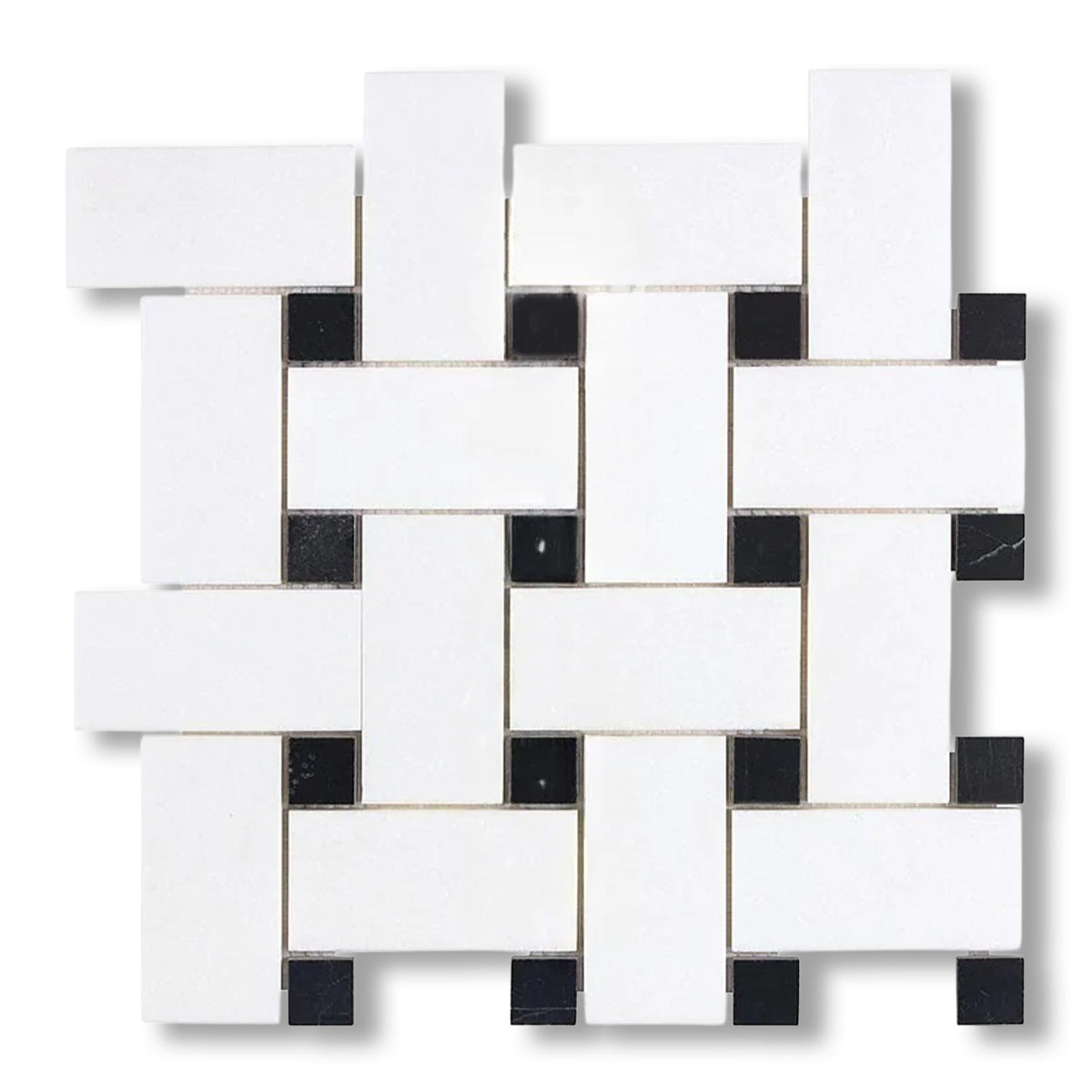 Thassos White Marble Polished Large Basketweave Mosaic Tile w/ Black Dots - American Tile Depot