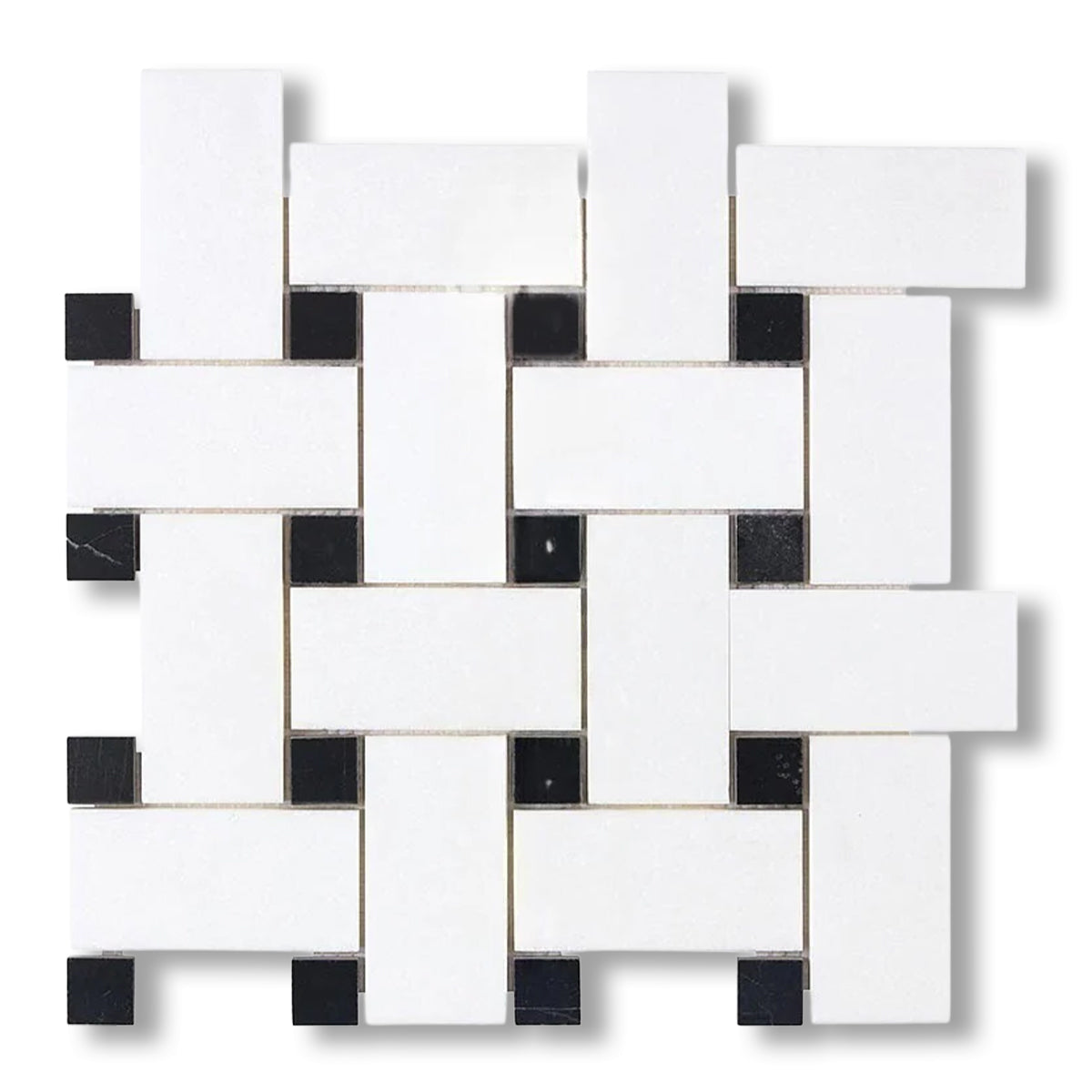 Thassos White Marble Honed Large Basketweave Mosaic Tile w/ Black Dots
