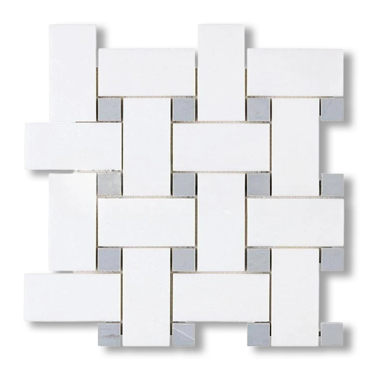 Thassos White Marble Honed Large Basketweave Mosaic Tile w/ Blue-Gray Dots