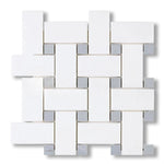 Thassos White Marble Polished Large Basketweave Mosaic Tile w/ Blue-Gray Dots - American Tile Depot