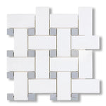 Thassos White Marble Polished Large Basketweave Mosaic Tile w/ Blue-Gray Dots - American Tile Depot