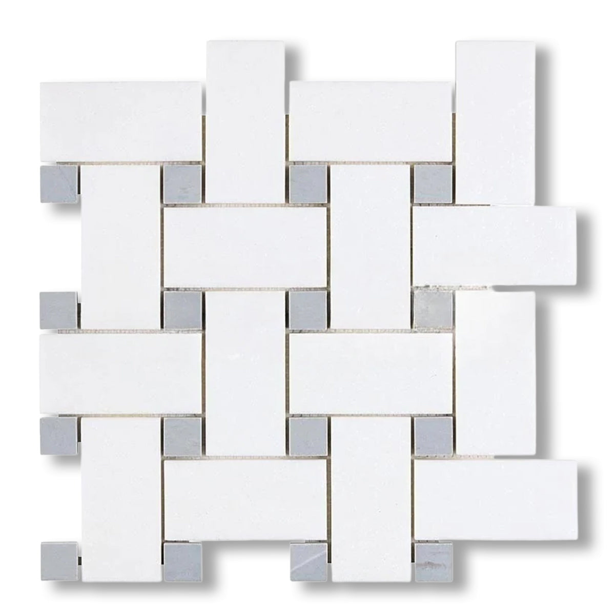 Thassos White Marble Polished Large Basketweave Mosaic Tile w/ Blue-Gray Dots - American Tile Depot