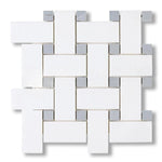 Thassos White Marble Honed Large Basketweave Mosaic Tile w/ Blue-Gray Dots - American Tile Depot