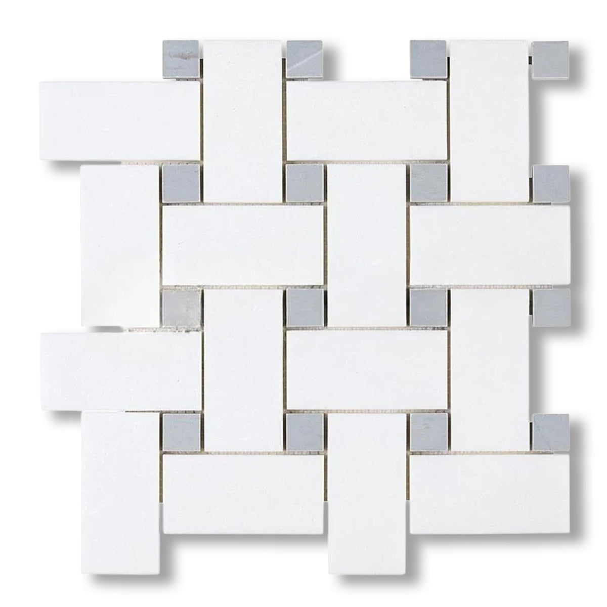 Thassos White Marble Polished Large Basketweave Mosaic Tile w/ Blue-Gray Dots - American Tile Depot
