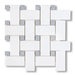 Thassos White Marble Honed Large Basketweave Mosaic Tile w/ Blue-Gray Dots - American Tile Depot