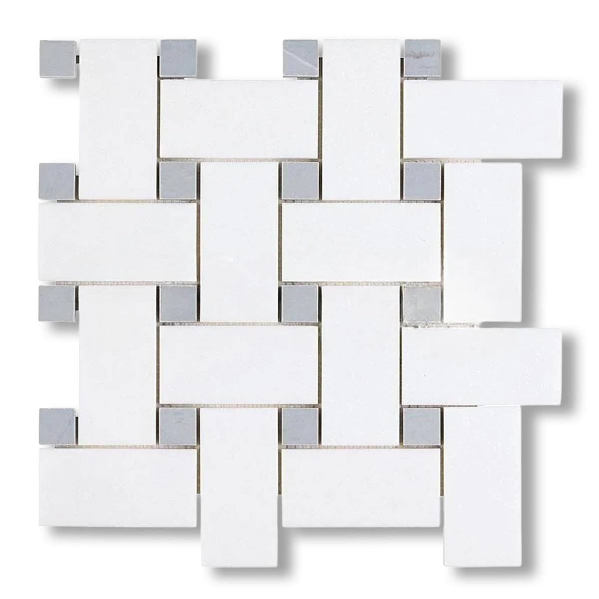 Thassos White Marble Polished Large Basketweave Mosaic Tile w/ Blue-Gray Dots - American Tile Depot