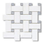 Thassos White Marble Polished Large Basketweave Mosaic Tile w/ Blue-Gray Dots - American Tile Depot