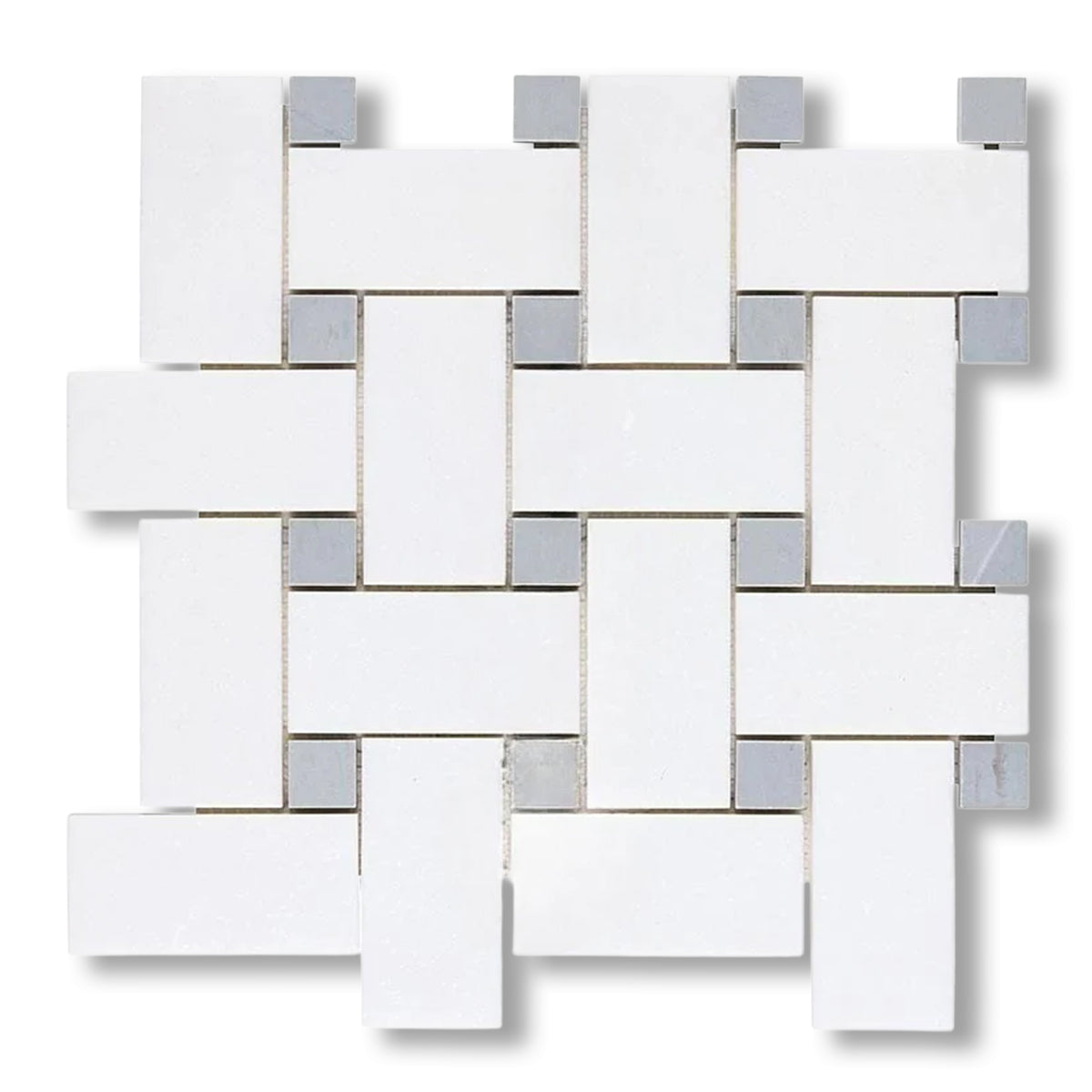 Thassos White Marble Polished Large Basketweave Mosaic Tile w/ Blue-Gray Dots - American Tile Depot