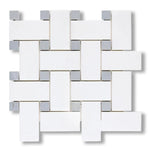 Thassos White Marble Honed Large Basketweave Mosaic Tile w/ Blue-Gray Dots - American Tile Depot