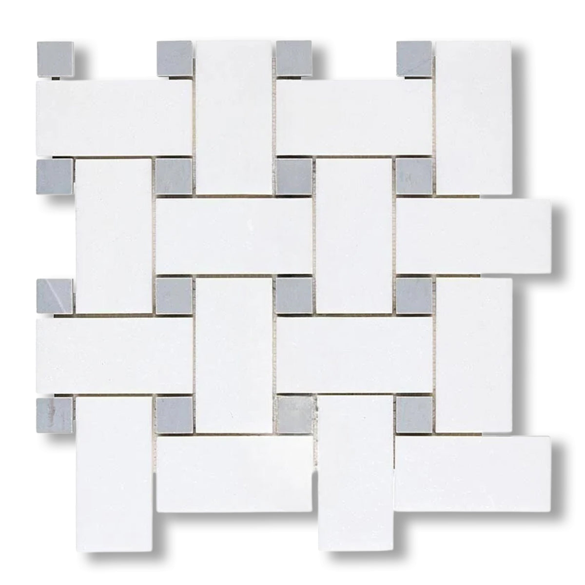 Thassos White Marble Polished Large Basketweave Mosaic Tile w/ Blue-Gray Dots - American Tile Depot