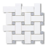 Thassos White Marble Polished Large Basketweave Mosaic Tile w/ Blue-Gray Dots - American Tile Depot