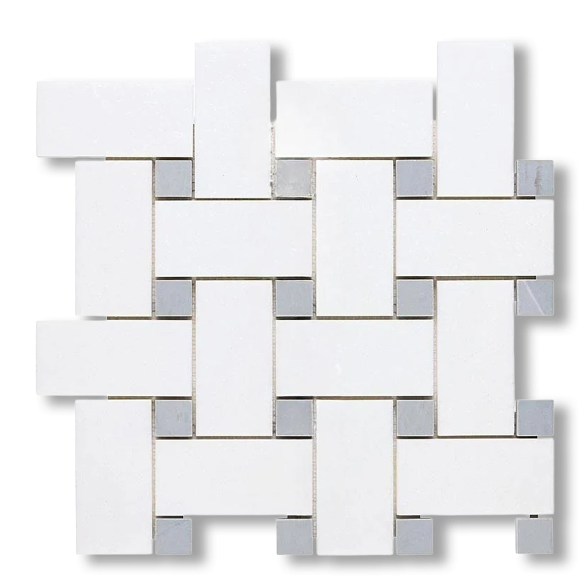 Thassos White Marble Polished Large Basketweave Mosaic Tile w/ Blue-Gray Dots - American Tile Depot