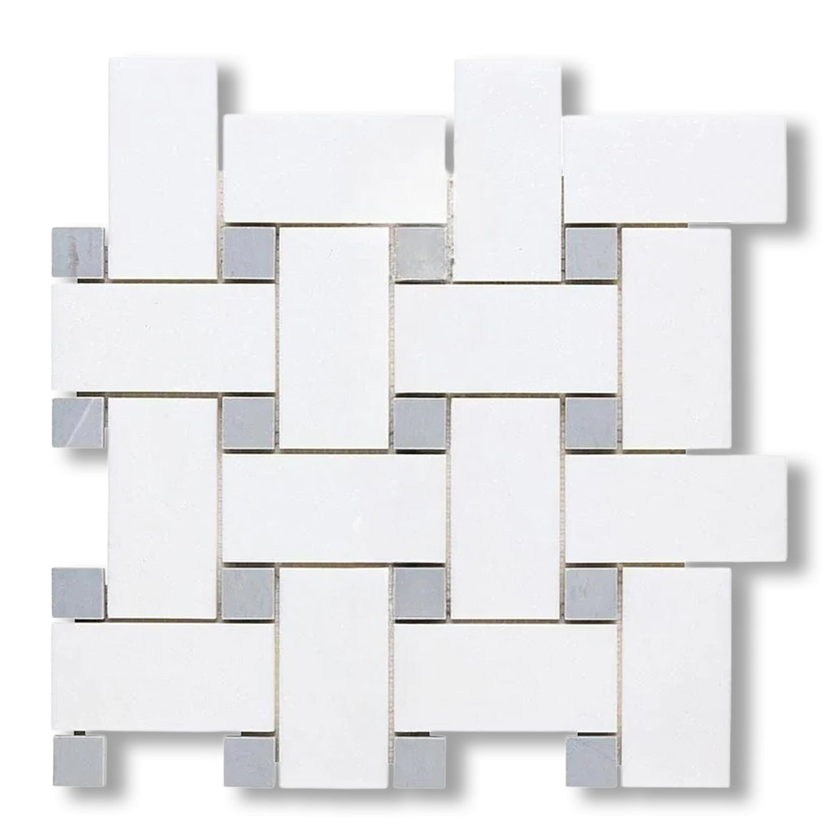 Thassos White Marble Honed Large Basketweave Mosaic Tile w/ Blue-Gray Dots