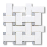 Thassos White Marble Polished Large Basketweave Mosaic Tile w/ Blue-Gray Dots - American Tile Depot