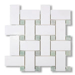 Thassos White Marble Polished Large Basketweave Mosaic Tile w/ Ming Green Dots - American Tile Depot