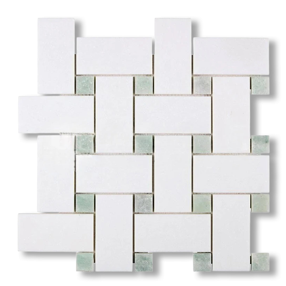 Thassos White Marble Polished Large Basketweave Mosaic Tile w/ Ming Green Dots - American Tile Depot