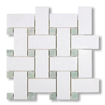 Thassos White Marble Polished Large Basketweave Mosaic Tile w/ Ming Green Dots - American Tile Depot