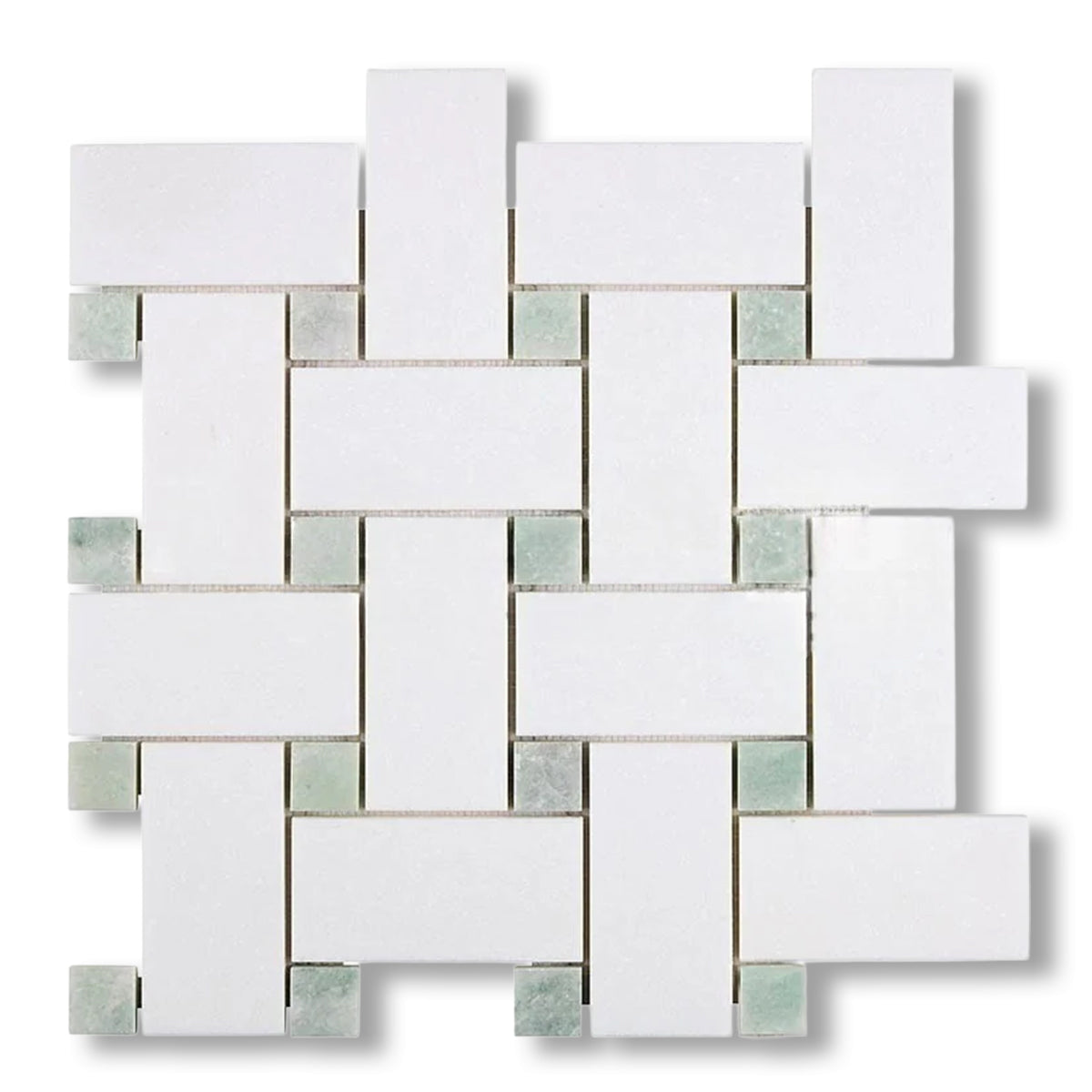 Thassos White Marble Polished Large Basketweave Mosaic Tile w/ Ming Green Dots - American Tile Depot