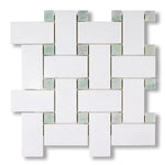 Thassos White Marble Honed Large Basketweave Mosaic Tile w/ Ming Green Dots - American Tile Depot