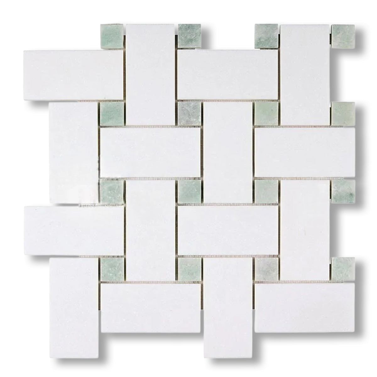 Thassos White Marble Honed Large Basketweave Mosaic Tile w/ Ming Green Dots - American Tile Depot
