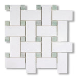 Thassos White Marble Honed Large Basketweave Mosaic Tile w/ Ming Green Dots - American Tile Depot