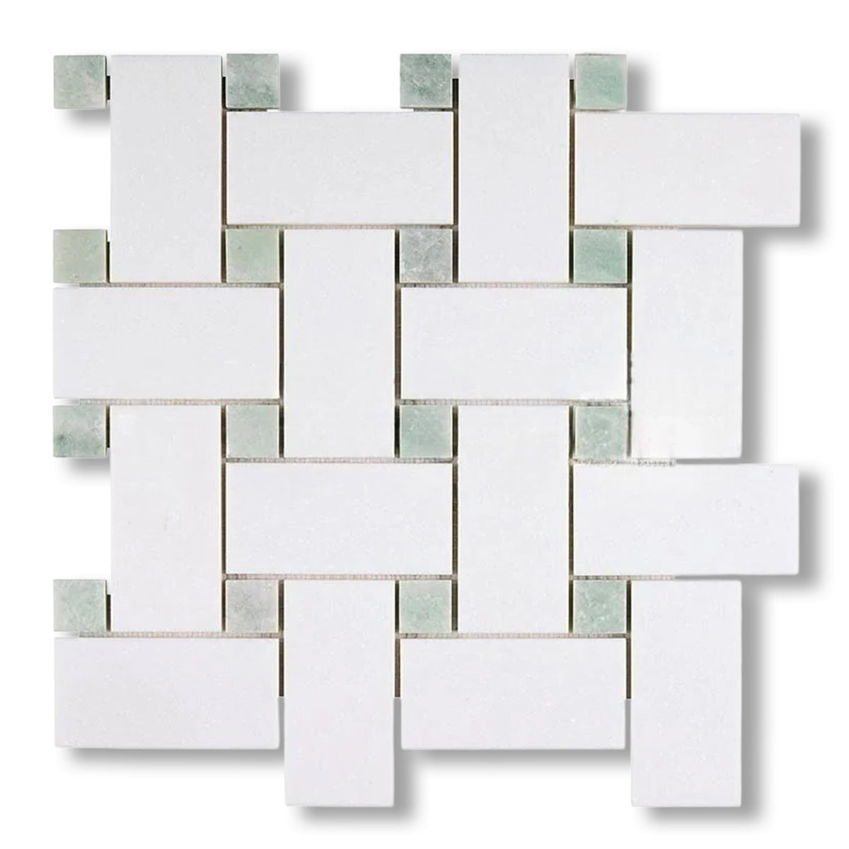 Thassos White Marble Honed Large Basketweave Mosaic Tile w/ Ming Green Dots - American Tile Depot