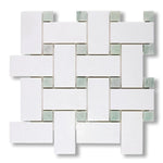 Thassos White Marble Polished Large Basketweave Mosaic Tile w/ Ming Green Dots - American Tile Depot