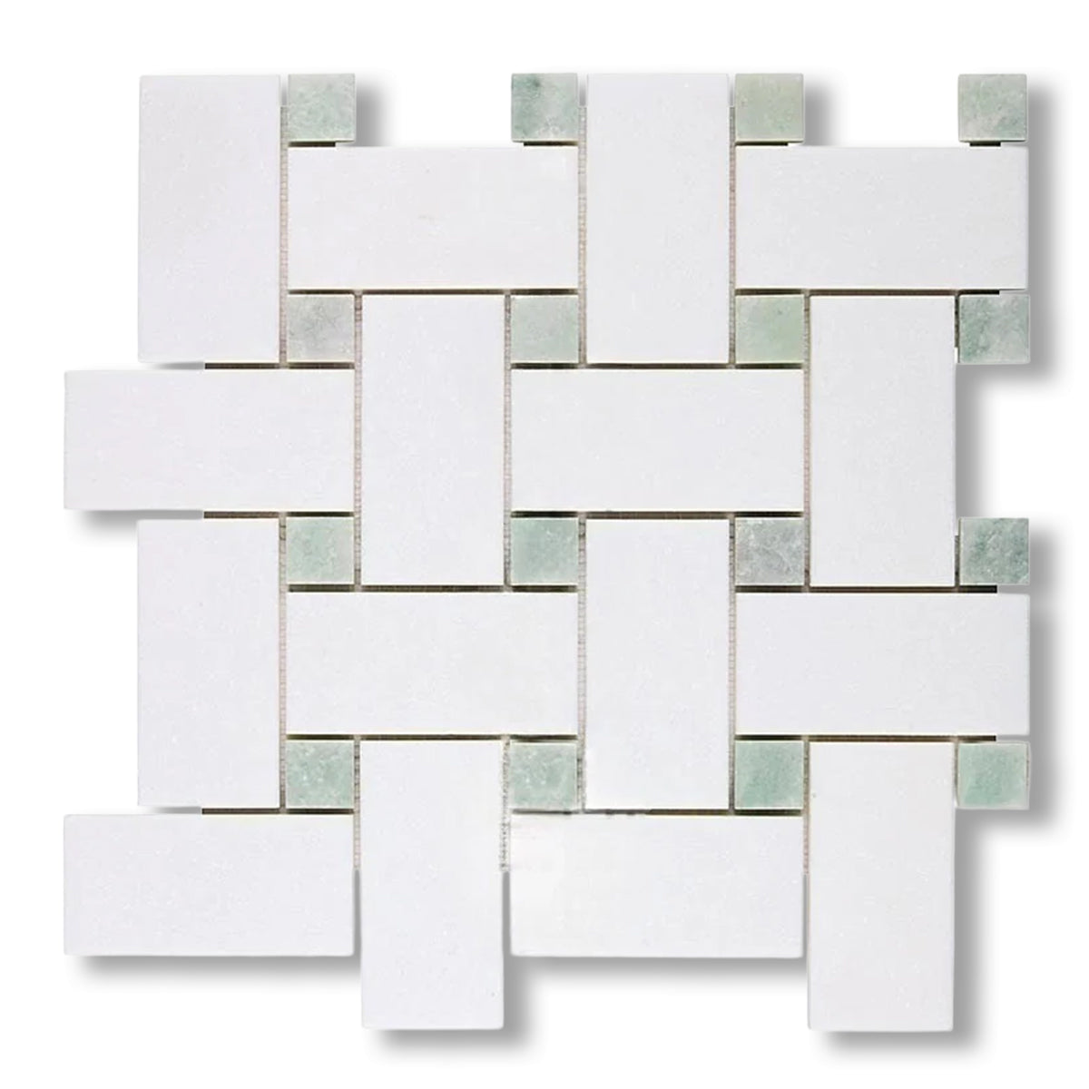 Thassos White Marble Polished Large Basketweave Mosaic Tile w/ Ming Green Dots - American Tile Depot