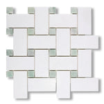 Thassos White Marble Honed Large Basketweave Mosaic Tile w/ Ming Green Dots - American Tile Depot