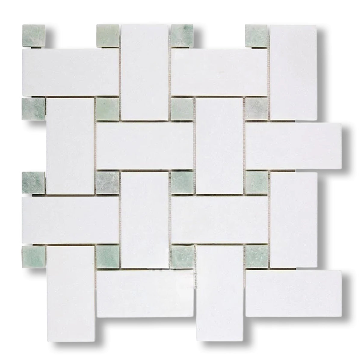 Thassos White Marble Polished Large Basketweave Mosaic Tile w/ Ming Green Dots - American Tile Depot