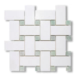 Thassos White Marble Honed Large Basketweave Mosaic Tile w/ Ming Green Dots - American Tile Depot