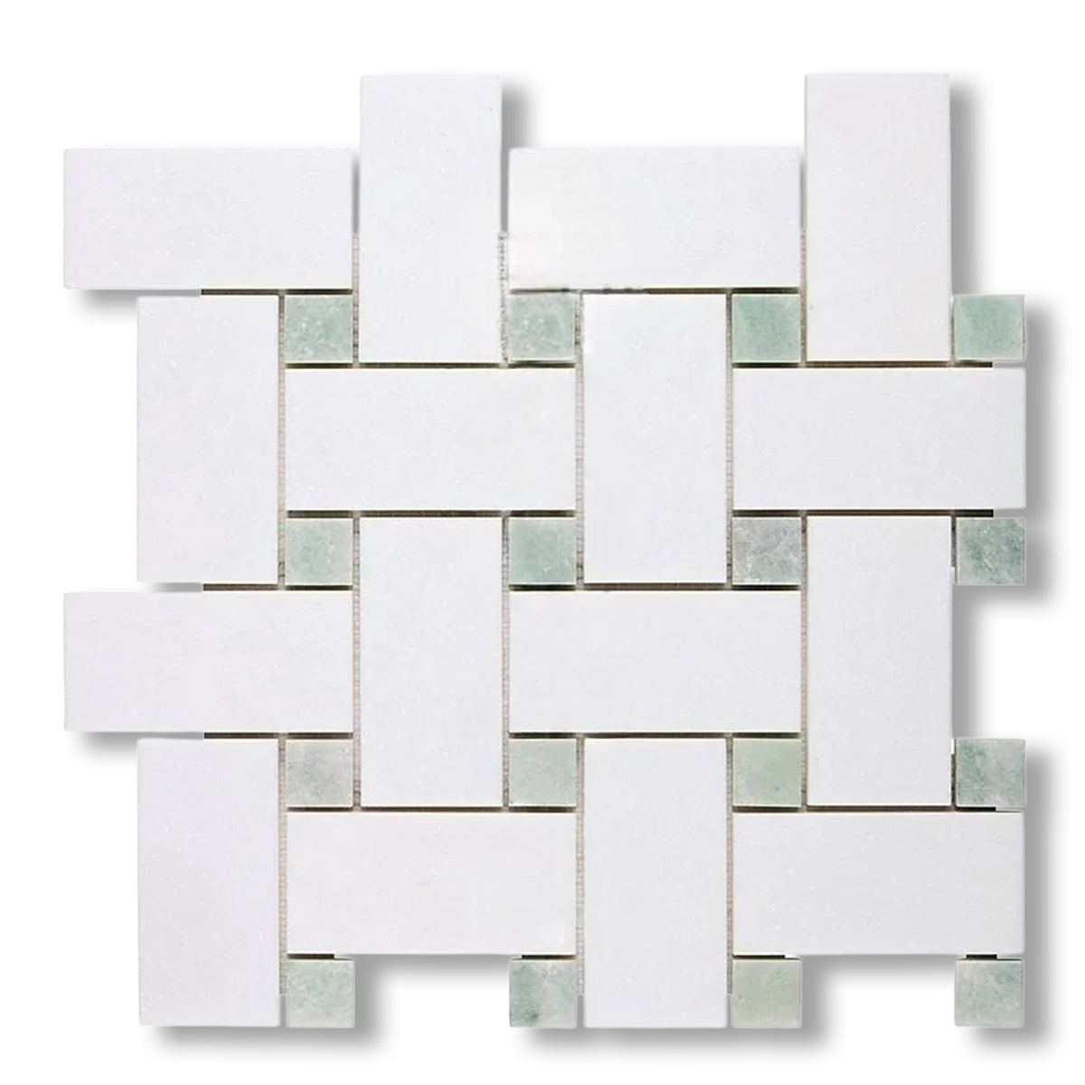 Thassos White Marble Polished Large Basketweave Mosaic Tile w/ Ming Green Dots - American Tile Depot