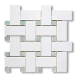 Thassos White Marble Honed Large Basketweave Mosaic Tile w/ Ming Green Dots - American Tile Depot