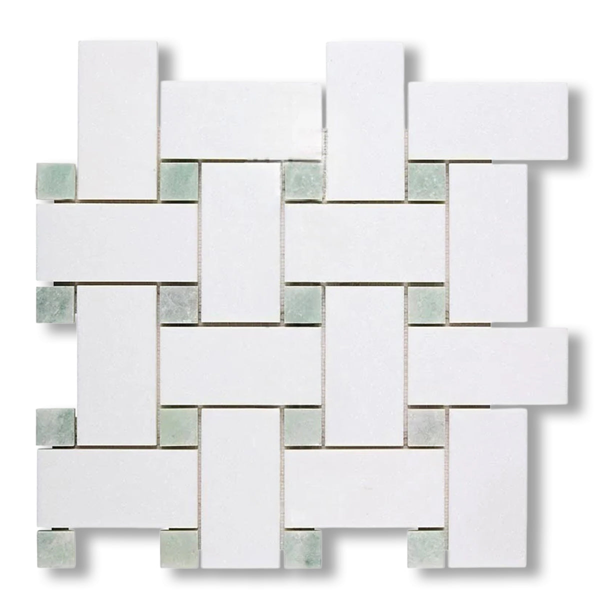 Thassos White Marble Honed Large Basketweave Mosaic Tile w/ Ming Green Dots