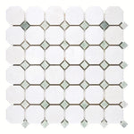 Thassos White Marble Honed Octagon Mosaic Tile w/ Ming Green Dots Thassos White Marble Honed Octagon Mosaic Tile w/ Ming Green Dots - American Tile Depot