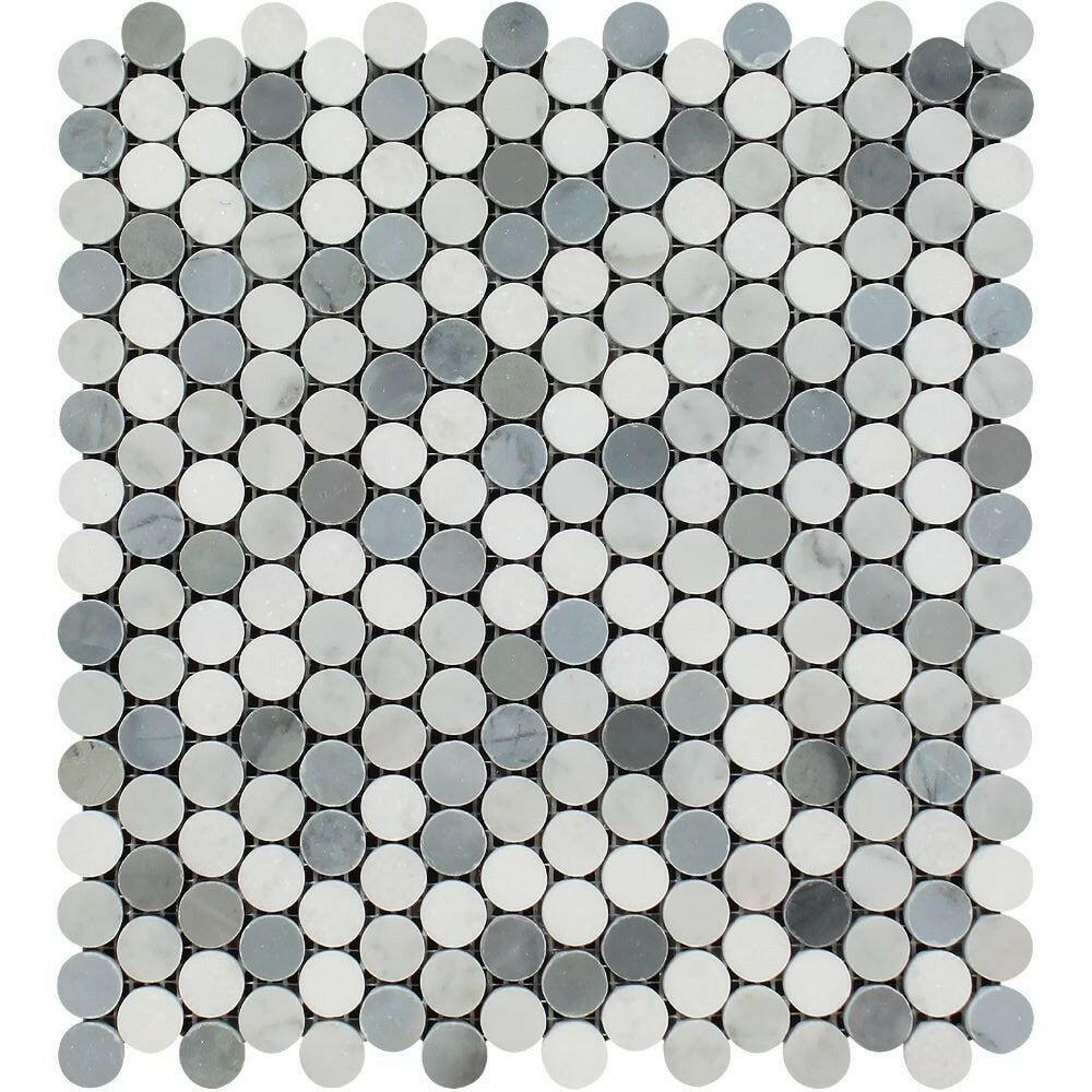 Thassos White Marble Honed Penny Round Mosaic Tile (Thassos + Carrara + Blue-Gray) Thassos White Marble Honed Penny Round Mosaic Tile (Thassos + Carrara + Blue-Gray) - American Tile Depot