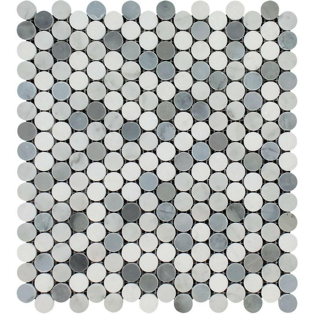 Thassos White Marble Honed Penny Round Mosaic Tile (Thassos + Carrara + Blue-Gray) Thassos White Marble Honed Penny Round Mosaic Tile (Thassos + Carrara + Blue-Gray) - American Tile Depot
