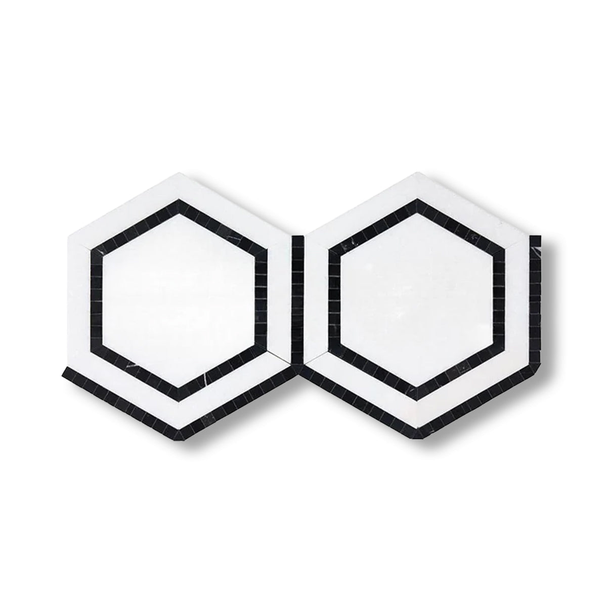 Thassos White Marble Polished 5" Hexagon Combination Mosaic Tile w/ Black Border - American Tile Depot