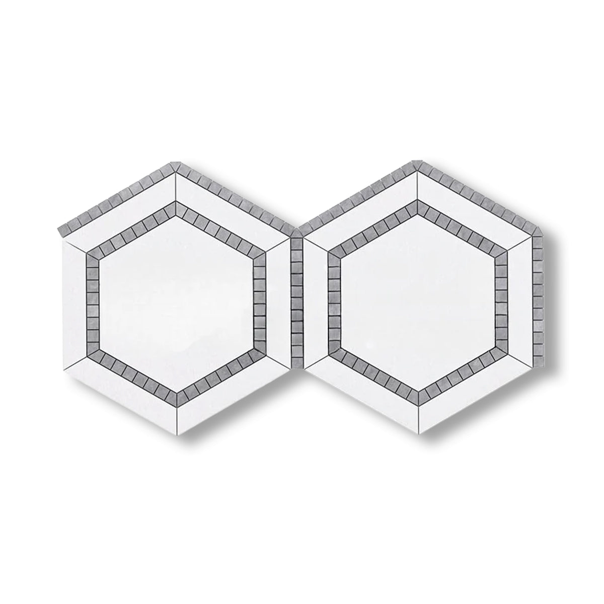 Thassos White Marble Polished 5" Hexagon Combination Mosaic Tile w/ Blue-Gray Border