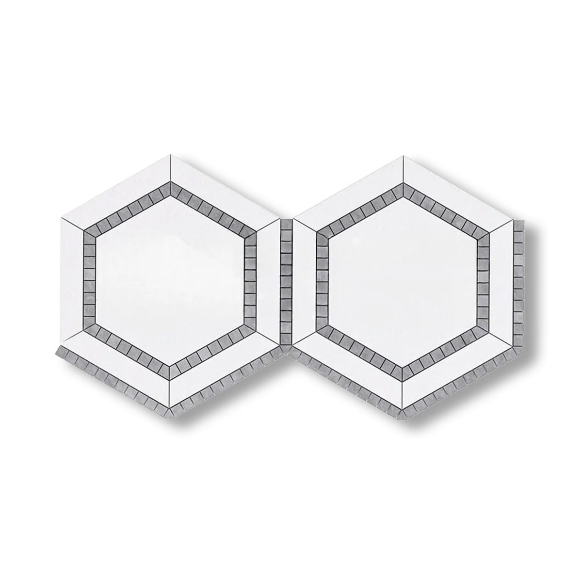 Thassos White Marble Honed 5" Hexagon Combination Mosaic Tile w/ Blue-Gray Border - American Tile Depot