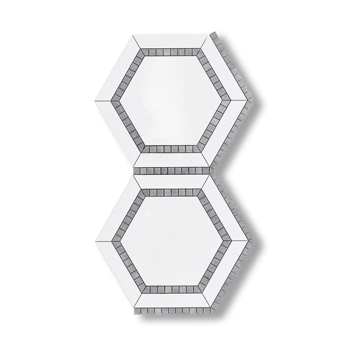 Thassos White Marble Polished 5" Hexagon Combination Mosaic Tile w/ Blue-Gray Border