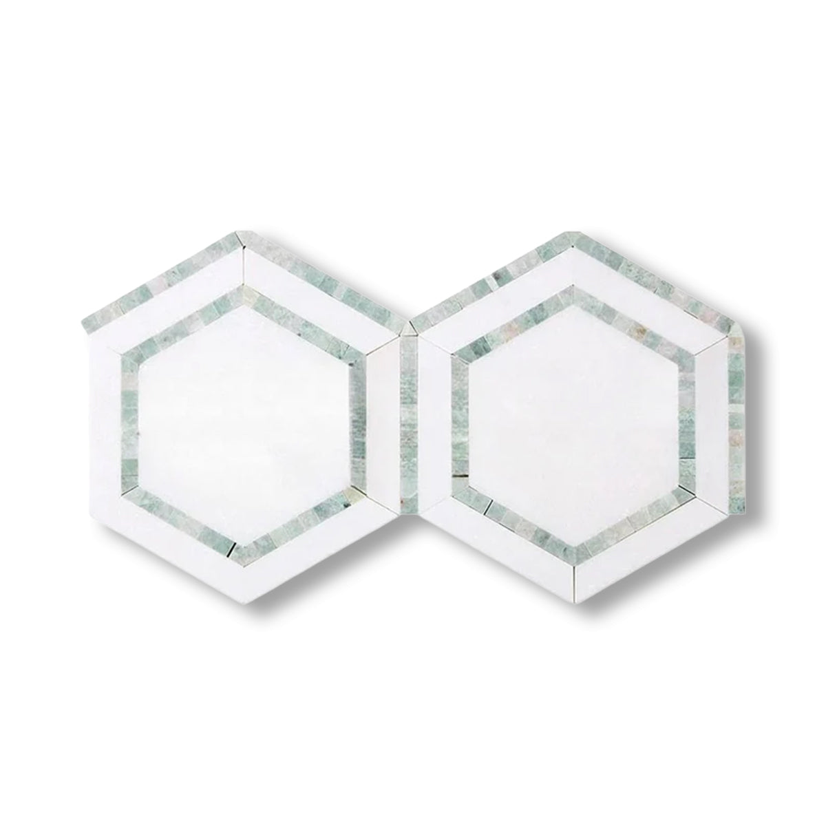 Thassos White Marble Polished 5" Hexagon Combination Mosaic Tile w/ Ming Green Border - American Tile Depot