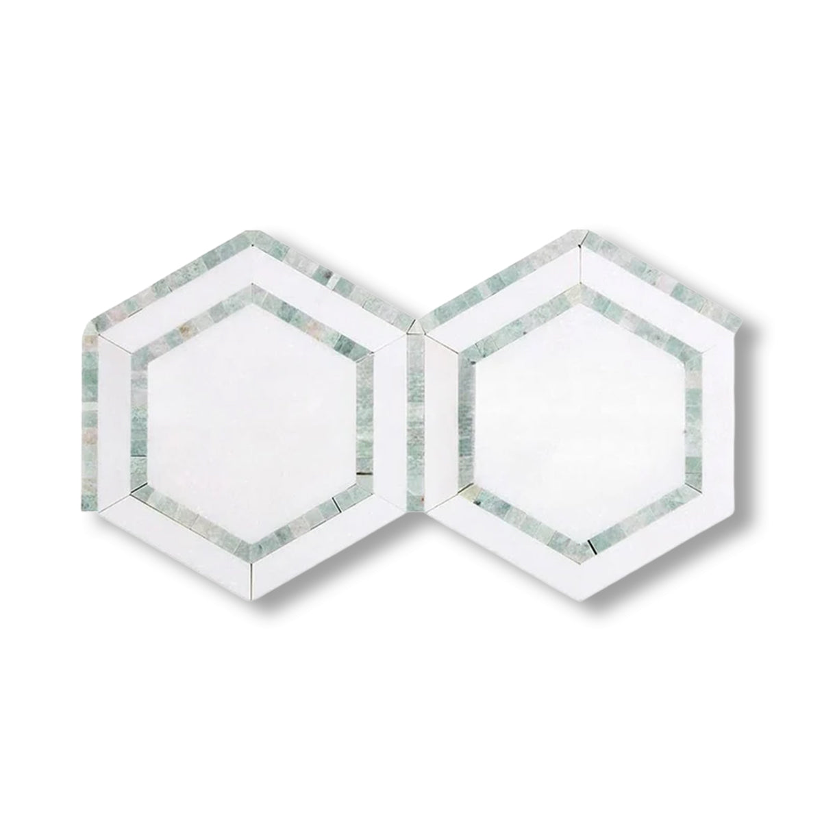 Thassos White Marble Polished 5" Hexagon Combination Mosaic Tile w/ Ming Green Border - American Tile Depot