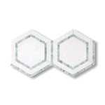Thassos White Marble Polished 5" Hexagon Combination Mosaic Tile w/ Ming Green Border - American Tile Depot