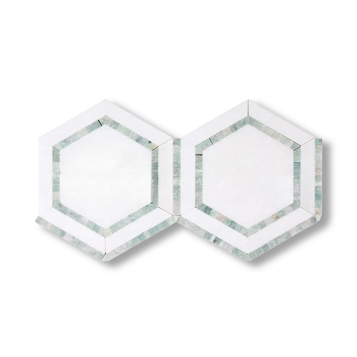 Thassos White Marble Honed 5" Hexagon Combination Mosaic Tile w/ Ming Green Border