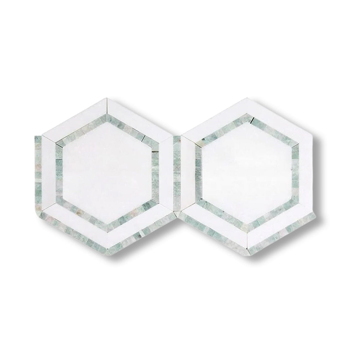 Thassos White Marble Polished 5" Hexagon Combination Mosaic Tile w/ Ming Green Border